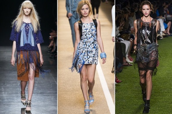 Девушки в платьях с бахромой, тенденции весны лета 2015, Милан