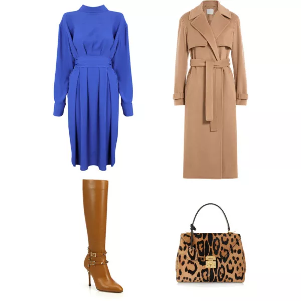 Лук с синим платьем под горло и бежевое пальто, леопардовая сумка