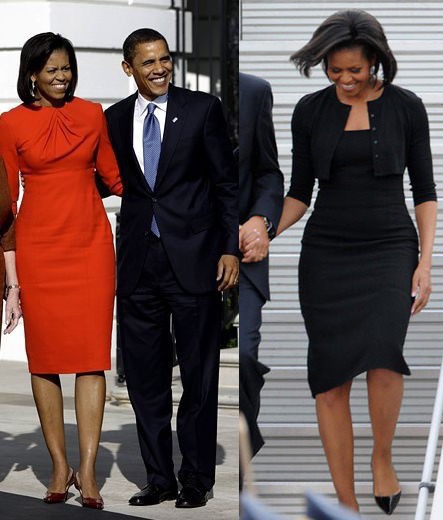 Мишель Обама в классических платьях футляр ниже колена, на первом фото-оранжевое платье, на втором-черное