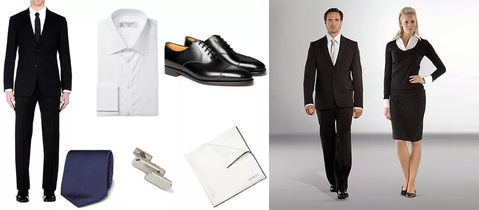 Модели в черных костюмах и белых рубашках, официаотно делой стиль