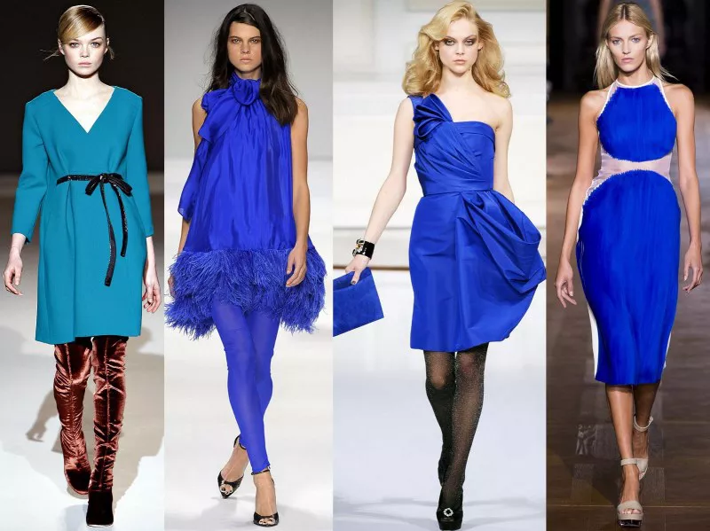 Модели в синих платьях синего цвета различных оттенком