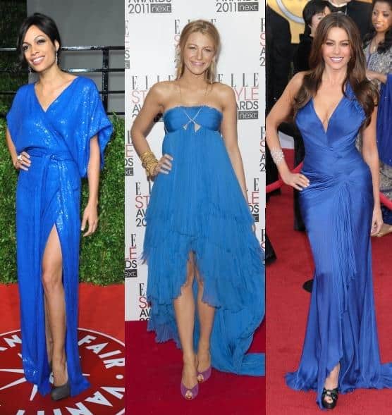 Три образа моделей в синих платьях в пол