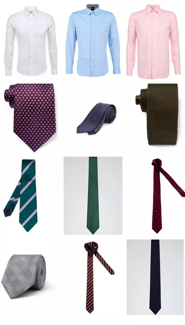 пример комбинации белой, розовой и синей рубашки с галстуками 