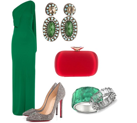 shouldered emerald green dress outfit combination