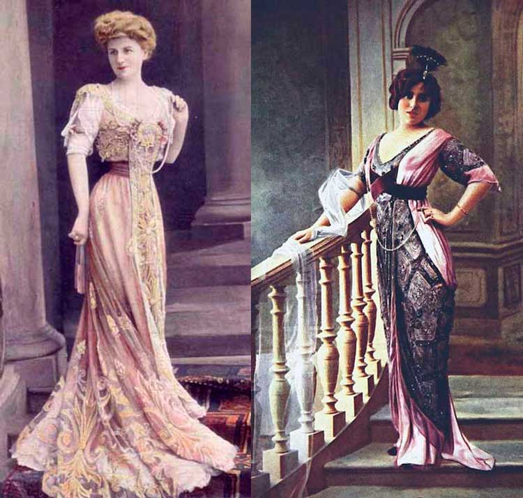 Девушки в модных платьях 1906 и 1912 годов