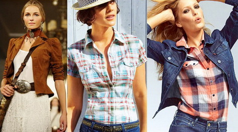 Девушки в рубахах в клетку и джинсе, в стиле кантри
