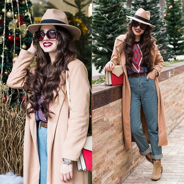 Девушка в джинсах американках, свитшот , бежевое пальто и шляпа