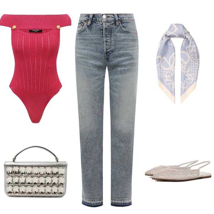 Комплект одежды на лето джинсы бойфренды с балетками боди с открытыми плечами сумка с камнями и платок