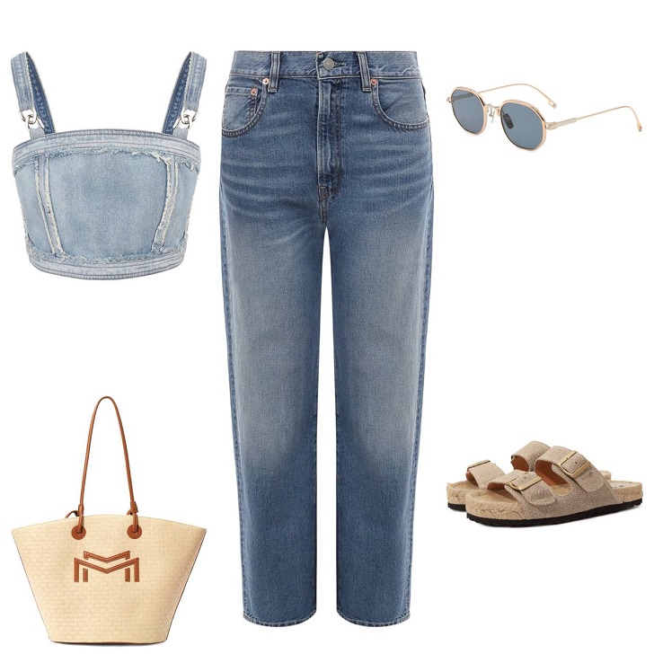 Комплект одежды на лето джинсы бойфренды с биркенштоками топом из денима и сумкой корзинкой