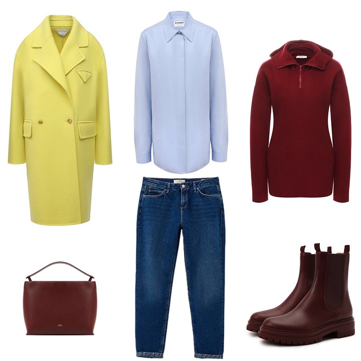 Комплект одежды на осень-зиму джинсы бойфренды с ботинками челси лжемпер поверх рубашки и пальто кокон