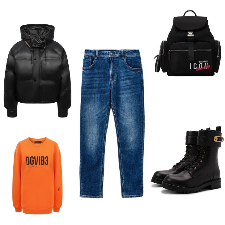 Комплект одежды на осень-зиму джинсы бойфренды с ботинками на шнуровке свитшотом теплой курткой и рюкзаком с накладными карманами