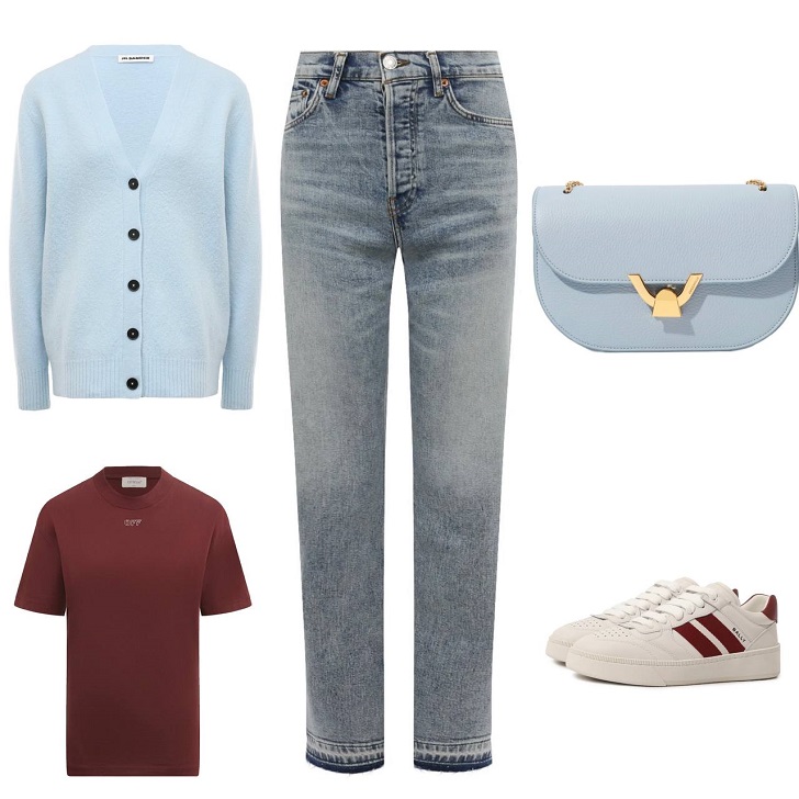 Комплект одежды на весну джинсы бойфренды с кедами футболкой и кардиганом