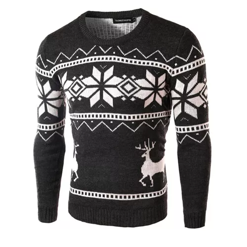 Черный свитер с принтом снежинок и оленя