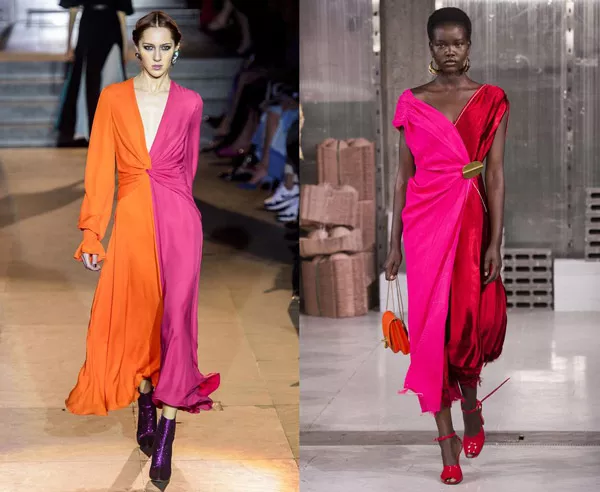 Модели в двухцветных платьях, тренд сезона осень зима цвет фуксия