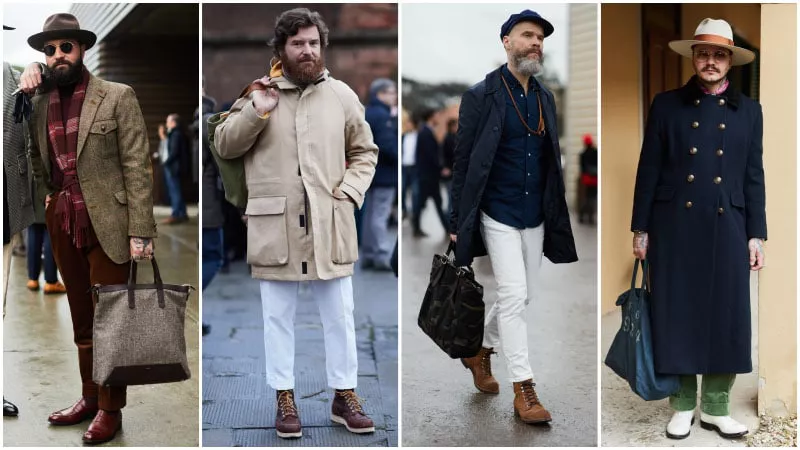 Мужчины с сумками тоут, мужская мода