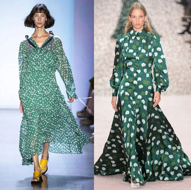 Модели в модных зеленых платьях макси с мелким принтом