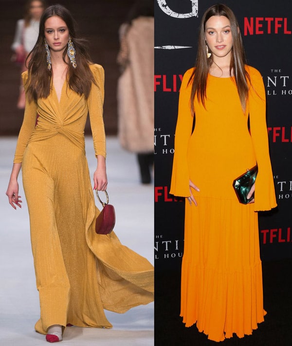 Модель в желто-оранжевых джинных платьях