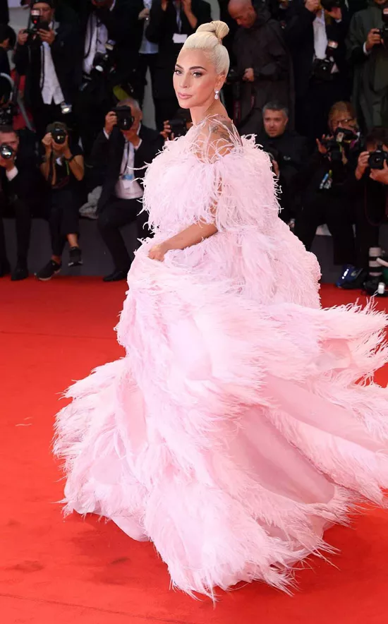 Леди Гага в необычном розовом платье с перьями
