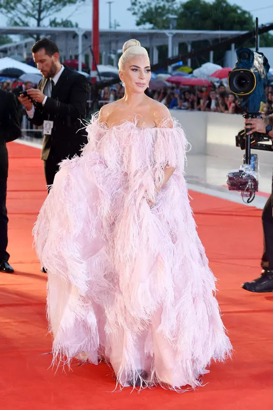 Леди Гага в воздушном розовом платье с перьями