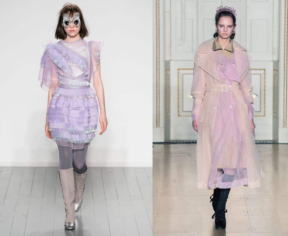 Модели в прозрачных нарядах лилового цвета