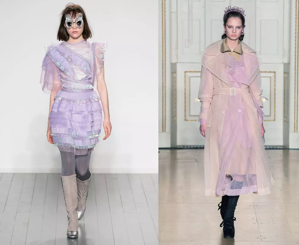 Модели в прозрачных нарядах лилового цвета