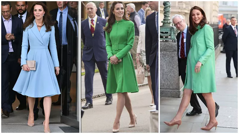 Кейт Миддлтон в зеленом платье миди и бежевых туфлях