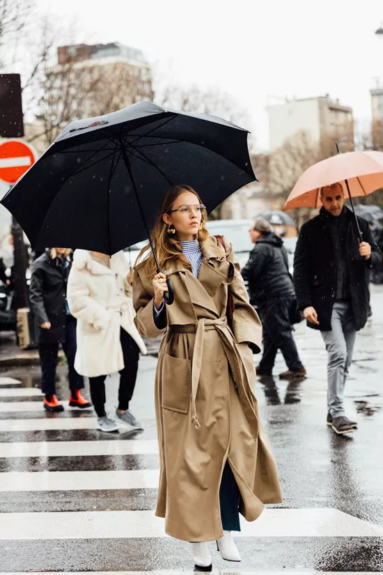 Девушка в длинном классическом плаще, джинсы, белые сапоги и зонт
