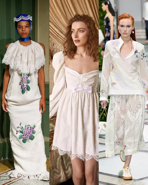 Модели в белых платьях с кружевными вставками