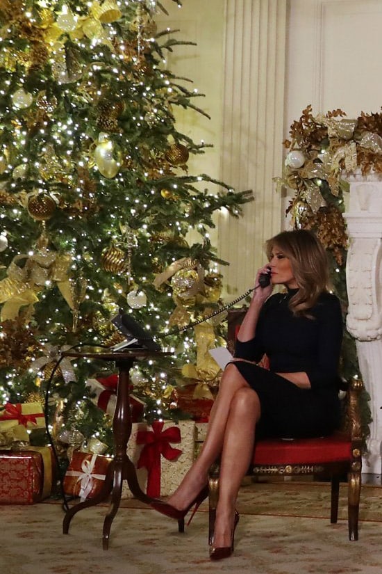 Мелания Трамп в платье футляр рукавами на фоне новогодней елки