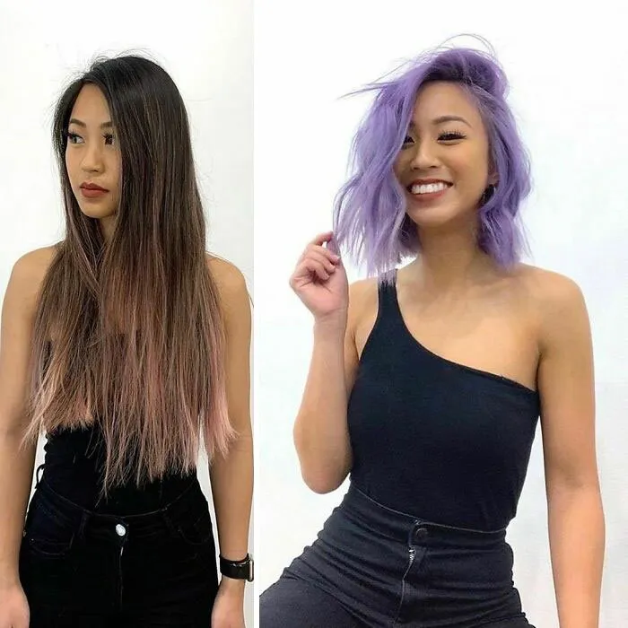 Девушка с фиолетовыми короткими волосами