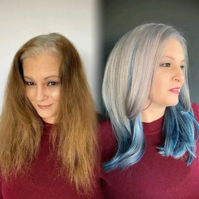Девушка с платиновыми волосами с синими прядями снизу