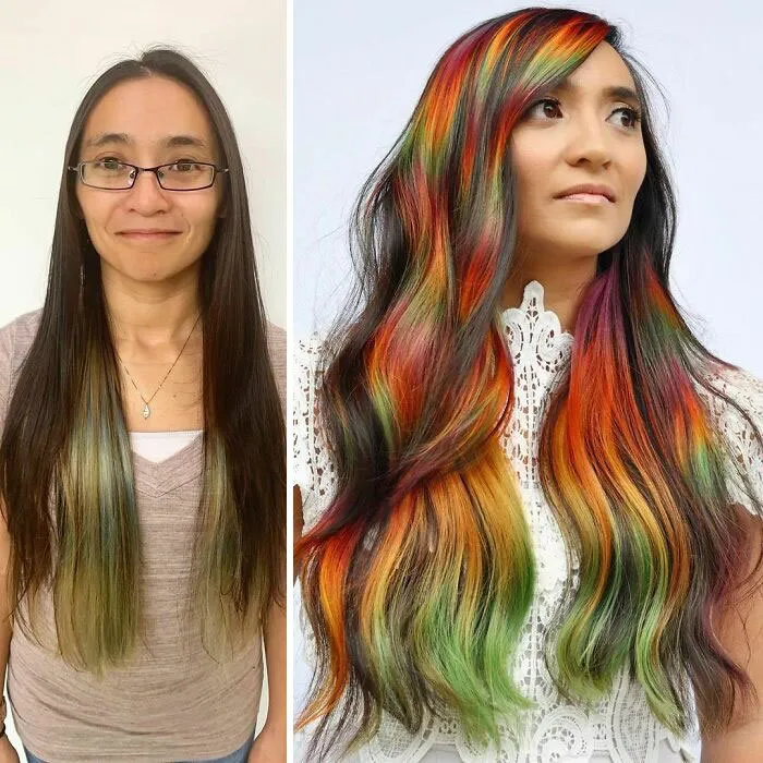 Девушка с разноцветными длинными волосами