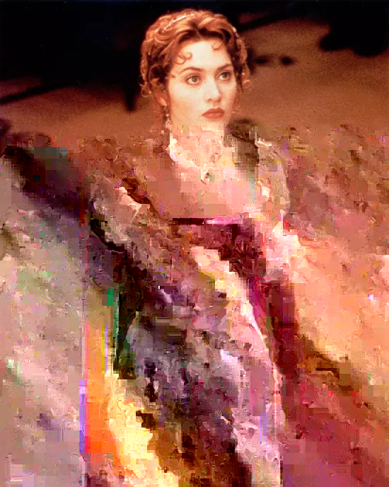 Кейт Уинслет в красном вечернем платье с черной вуалью и блестками в фильме Титаник