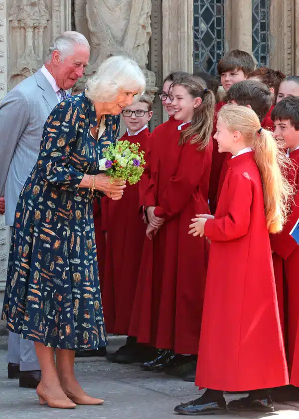Английская герцогиня в платье с перьями и бежевых лодочках