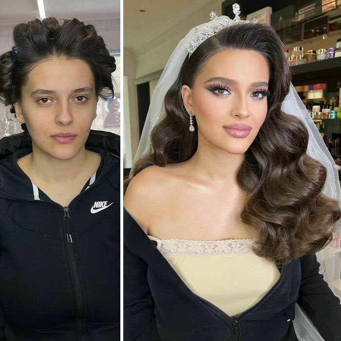 Девушка с красивым свадебным макияжем и пышными локонами на натуральных волосах