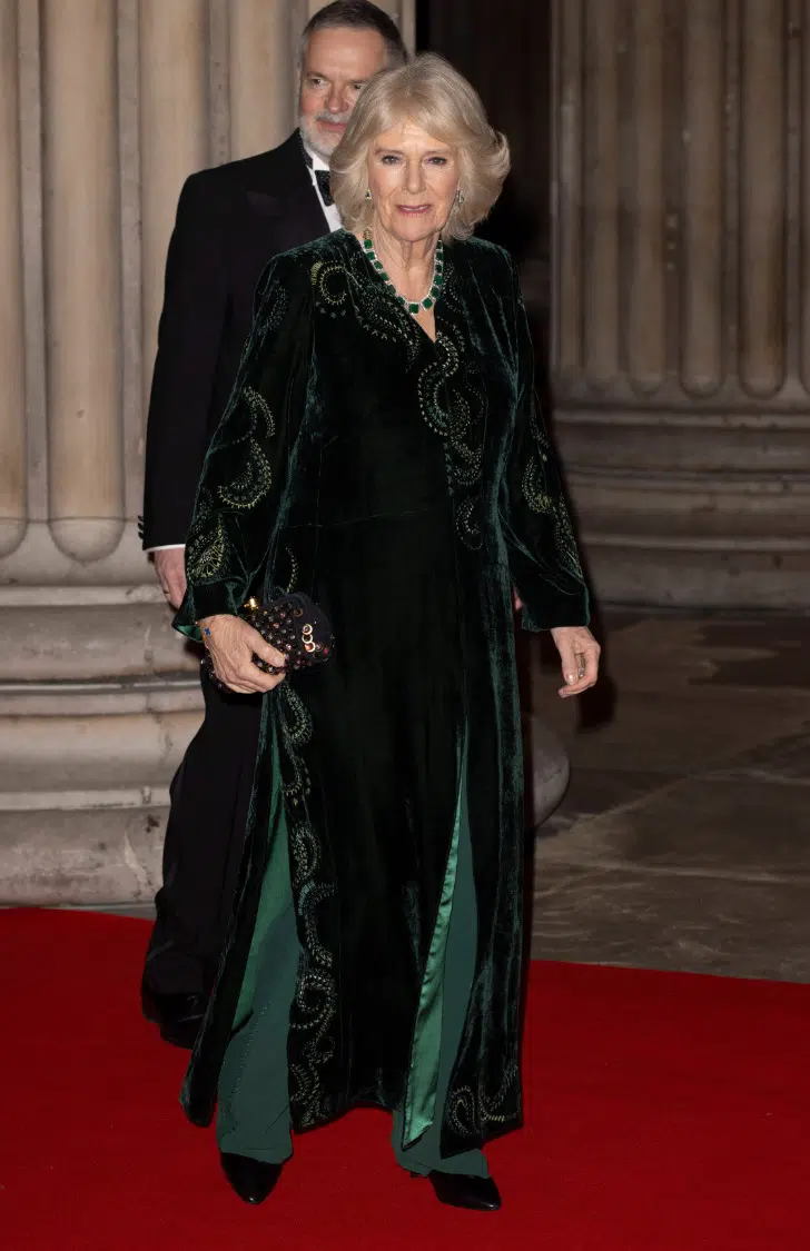 Герцогиня Камилла в индийской тунике и зеленых брюках
