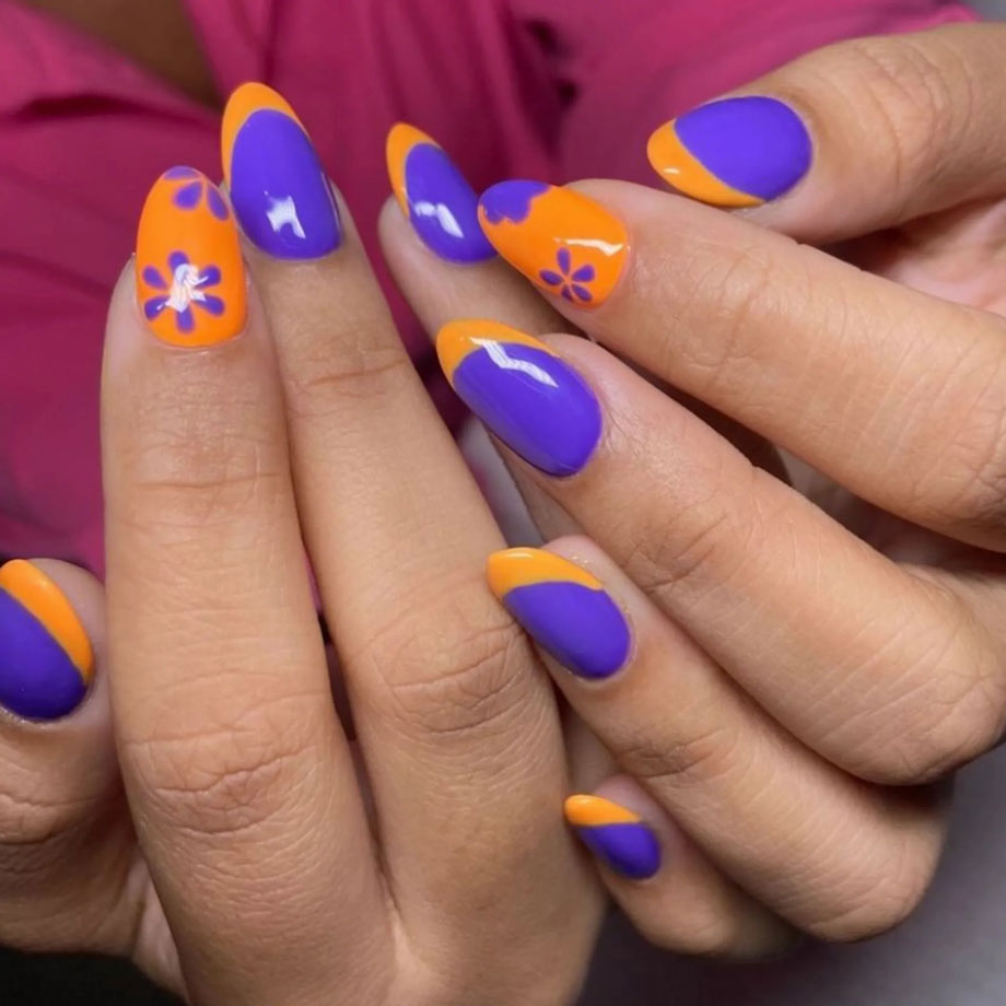 Фиолетово оранжевый френч на миндальных аккуратных ногтях