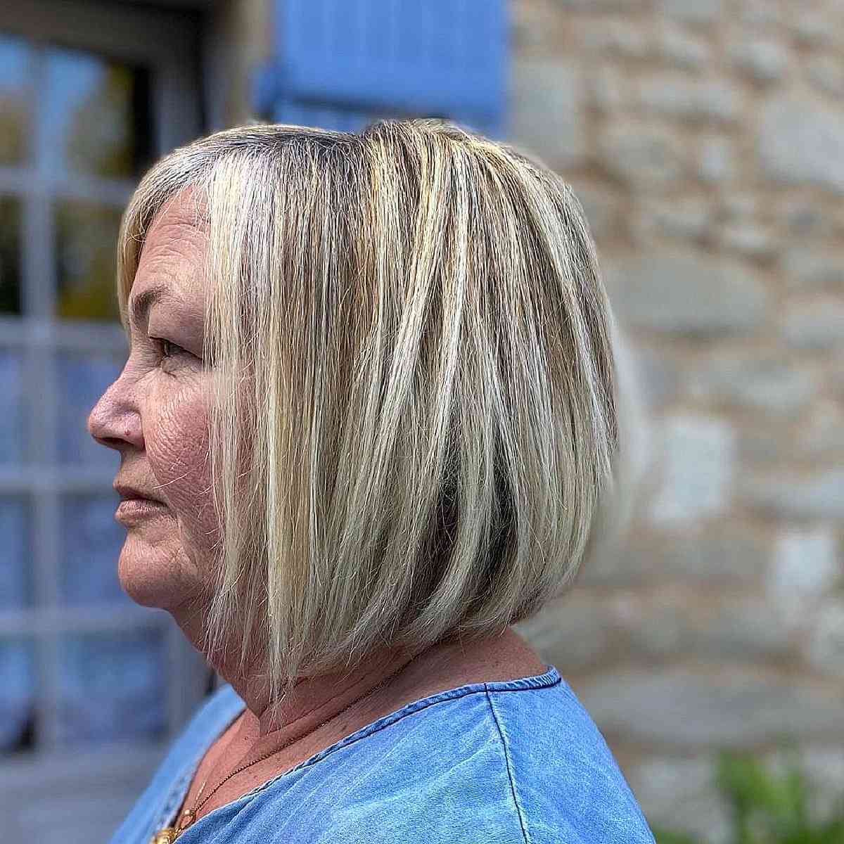 Женщина со стрижкой прямой боб на светлых и редких волосах средней длины