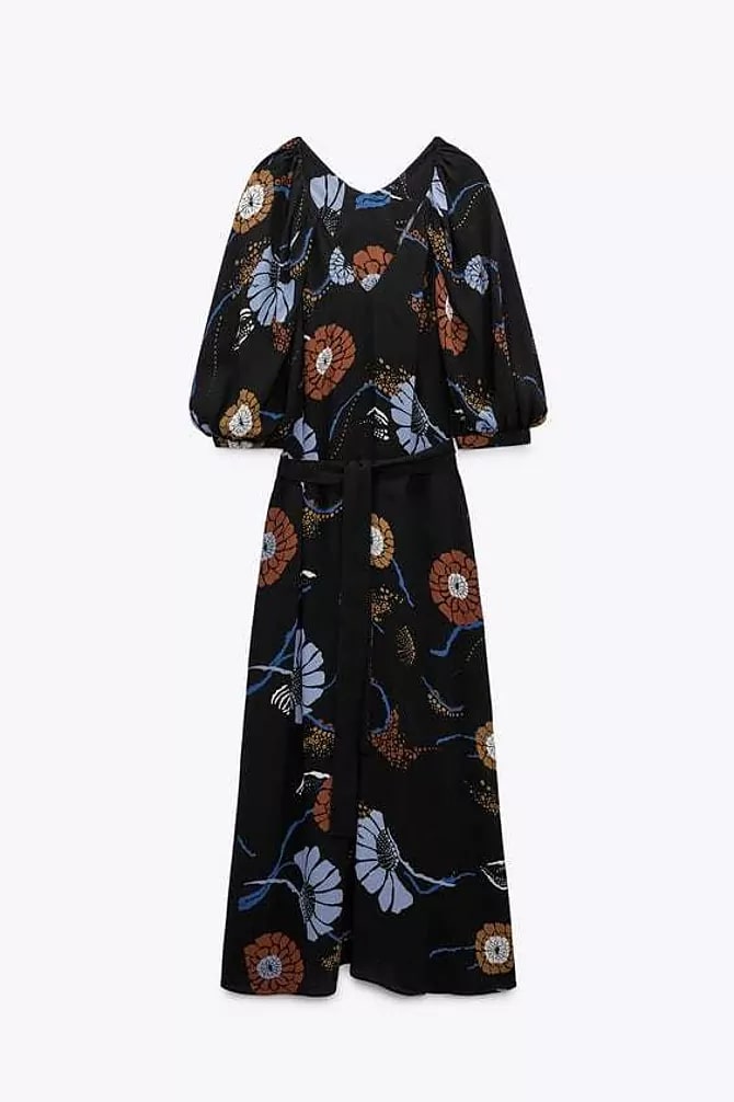 Черное длинное платье с цветочным принтом от Zara
