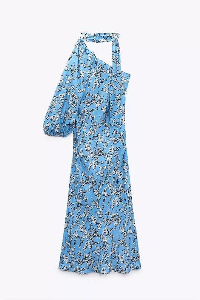 Голубое платье миди с цветочным принтом на одно плечо от Zara