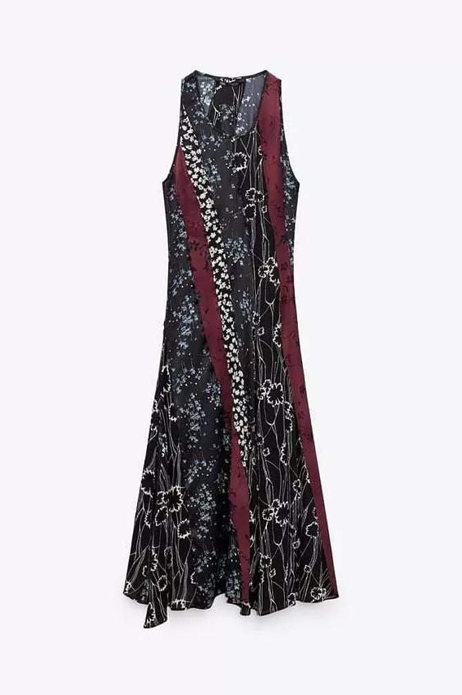 Темное платье миди с принтом без рукавов от Zara