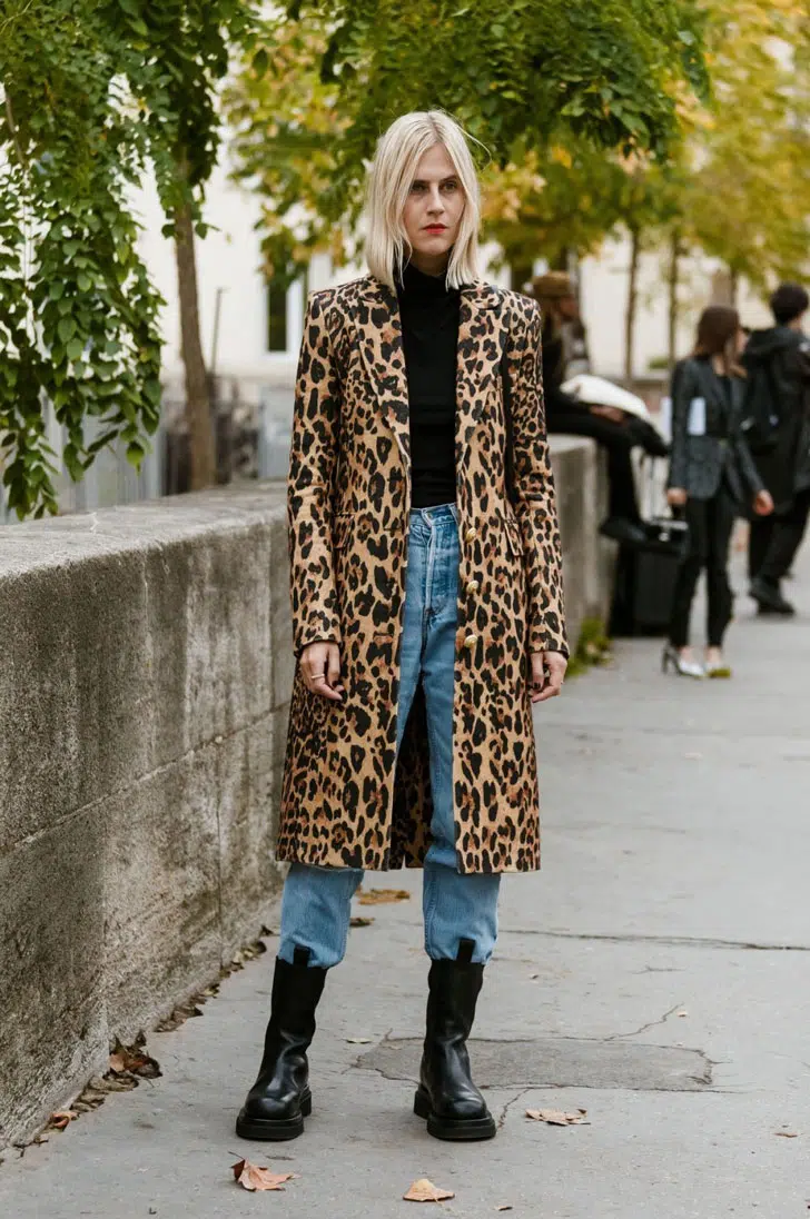 Девушка в джинсах, леопардовом пальто и черных сапогах челси