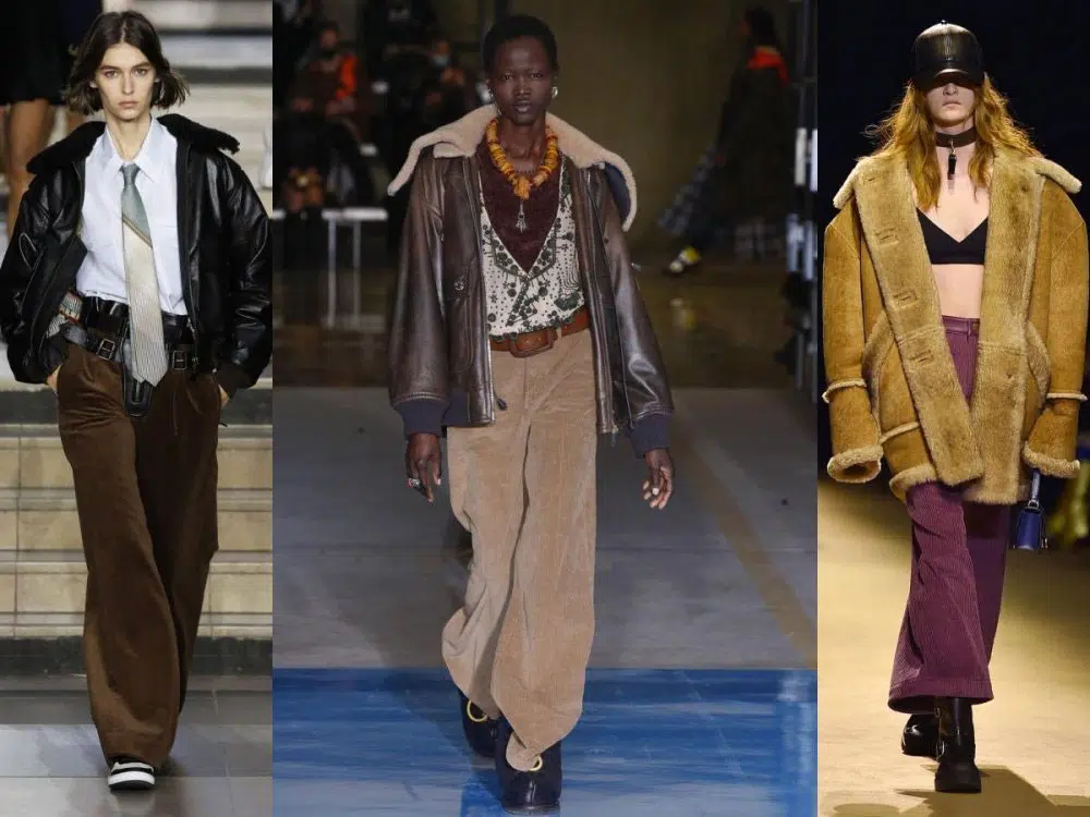 Модели на модном показе в бархатных брюках разных оттенков