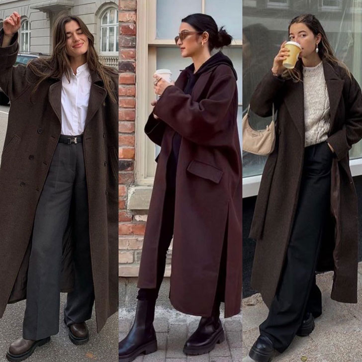 Девушки в длинных коричневых пальто и брюках