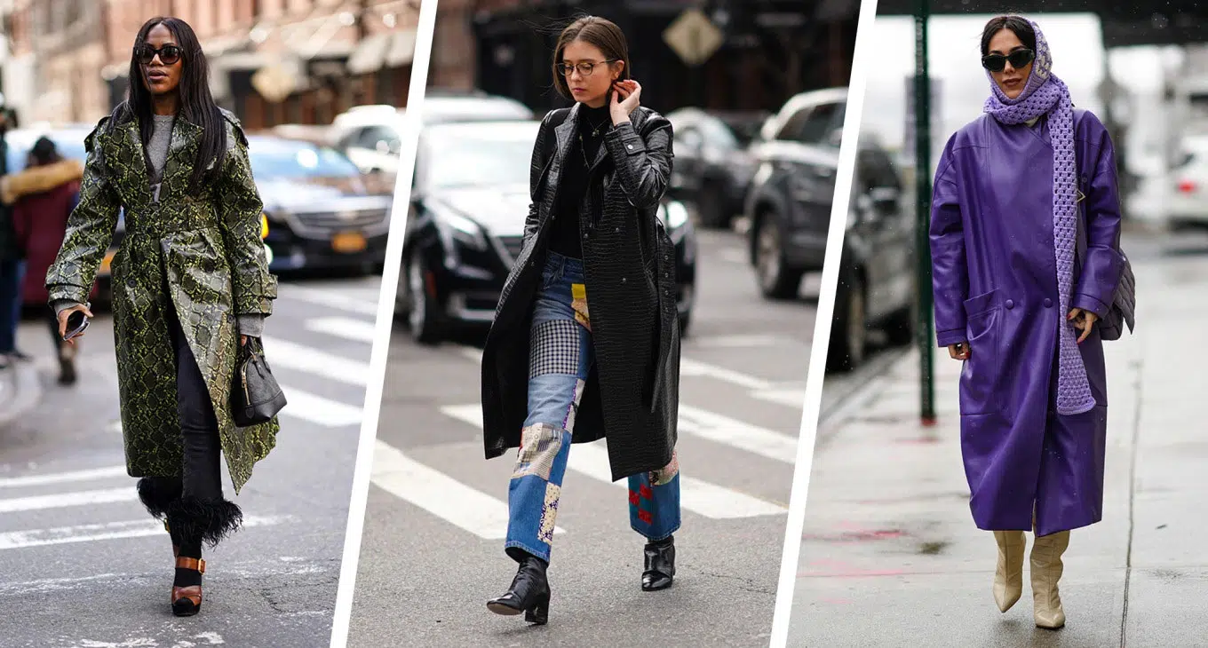 Девушки в кожаных длинных плащах на улицах Нью-Йорка