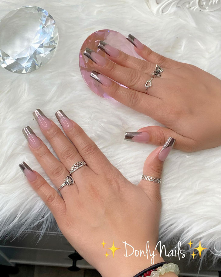 Metallic french on long square nails