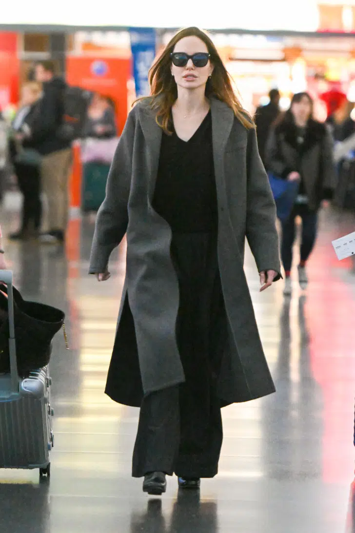 Анджелина Джоли в новом сером пальто с разрезами и широких черных брюках