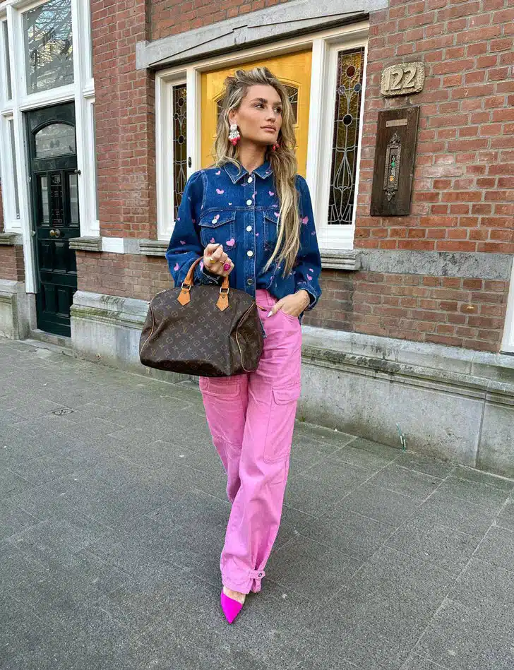 Девушка в розовых прямых джинсах, джинсовой куртке и розовых туфлях