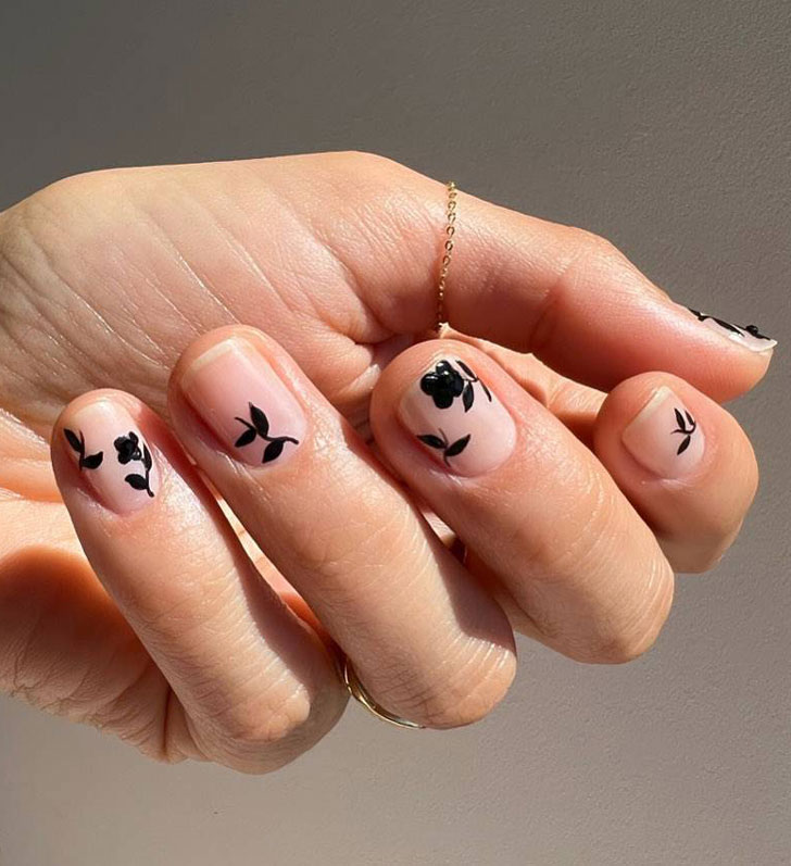 Натуральный маникюр с черным цветочным принтом на коротких ногтях