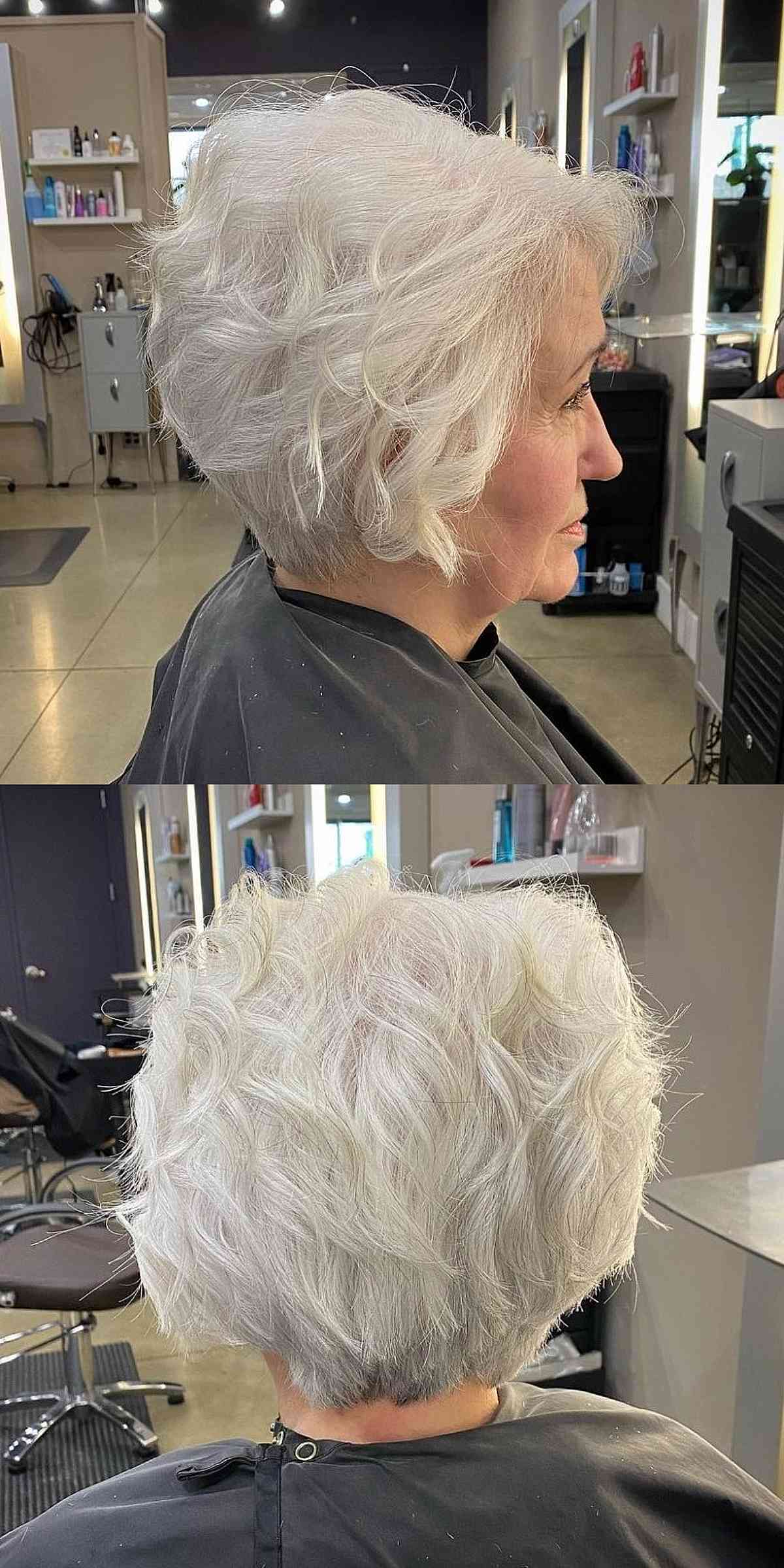Женщина со стрижкой волнистый боб на тонких седых волосах